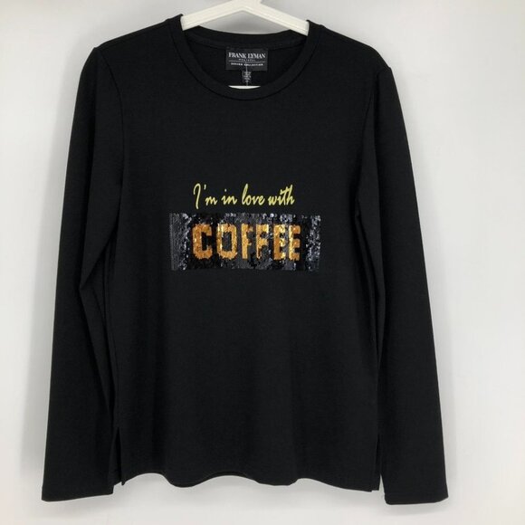 BNWT Frank Lyman Design Black/Gold Sequined Coffee/Wine Long Sleeve T-shirt S - Picture 3 of 15